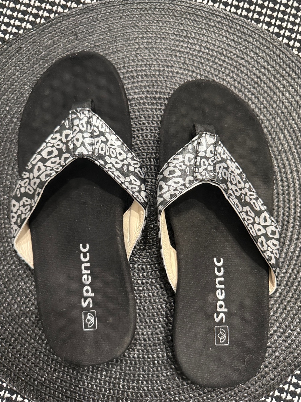 Black Sandal Flip-Flops with Gray Leopard Straps